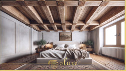 Decor modern rustic pentru dormitor, cu grinzi din poliuretan și căpriori din bușteni Una dintre cele mai bune modalități de a adăuga căldura și sinceritatea naturii spațiilor de locuit moderne este stilul de decor rustic și grinzile din bușteni, unul dintre cele mai izbitoare elemente ale acestui stil, se remarcă atât prin avantaje estetice, cât și practice articol, vom face sugestii cu privire la modul de a crea decorul rustic pentru dormitor văzut în vizual Grinzile din poliuretan sunt naturale În timp ce reflectă căldura și textura lemnului, aduce și avantaje de fabricație moderne, cum ar fi durabilitatea și asamblarea ușoară întâlnim deseori în dormitoarele rustice, sunt preferate pentru a adăuga o atmosferă autentică spațiilor. Pentru acest tip de decorare, se pune accentul pe grinzile și căpriorii care decorează acoperișul și pereții camerei pereții, ca în imagine, adaugă profunzime și caracter atmosferei generale a camerei. Aceste elemente structurale oferă integritate și armonie în întreg spațiul, permițând camerei să funcționeze nu doar ca dormitor, ci și ca spațiu de locuit este în armonie cu elementele rămase ar trebui să fie preferată O zonă de dormit simplă și relaxantă este creată cu o selecție de lenjerie de pat și pături în tonuri naturale și atmosferă liniștită Pardoselile largi din lemn utilizate pe podeaua spațiului întăresc sentimentul rustic camera fiind spatioasa si luminoasa.