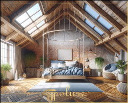 Dormitor City Loft îmbogățit cu grinzi de poliuretan rustic și contemporan Dormitorul din imagine combină textura contemporană a mansardei orașului cu căldura stilului rustic, cu un decor îmbogățit cu grinzi din poliuretan, bușteni și căpriori. Acest spațiu în plan deschis oferă un spațiu de locuit spațios, cu tavane înalte și ferestre mari cu multă lumină naturală Atingeri rustice în spațiile de locuit din mansardă Cărămidă expusă în designul acestui dormitor În timp ce pereții și grinzile din lemn expuse se combină cu elementele caracteristice vieții moderne de oraș, utilizarea grinzilor din poliuretan completează aceste elemente cu caracter practic și eleganță estetică. Grinzile din poliuretan, care imită textura lemnului real, adaugă căldură și caracter spațiului, oferind în același timp avantaje precum ușurința de întreținere și longevitate Puterea luminii naturale În designul dormitorului, ferestrele luminatoarelor Lumina naturală care curge umple spațiul cu o luminozitate naturală. Această lumină accentuează paleta de culori deschise și materialele naturale utilizate în întreaga cameră, contribuind la un spațiu spațios și aerisit iar mobilierul primitor face camera utila Naturalitatea si confortul spatiului este evidentiata cu plante verzi si elemente din tesut moale.