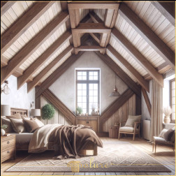 Rustic Loft Elegance Atingerea magică a lemnului și a poliuretanului Căldura și naturalețea designului rustic sunt reinterpretate în acest dormitor tip mansardă, cu utilizarea modernă a grinzilor din lemn și a po