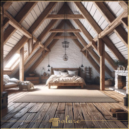 Dormitor rustic modernizat cu poliuretan in nuanta eleganta a grinzilor din lemn Decorul rustic adaugă o atmosferă prietenoasă spațiilor de locuit, subliniind căldura și frumusețea estetică a materialelor naturale caracteri