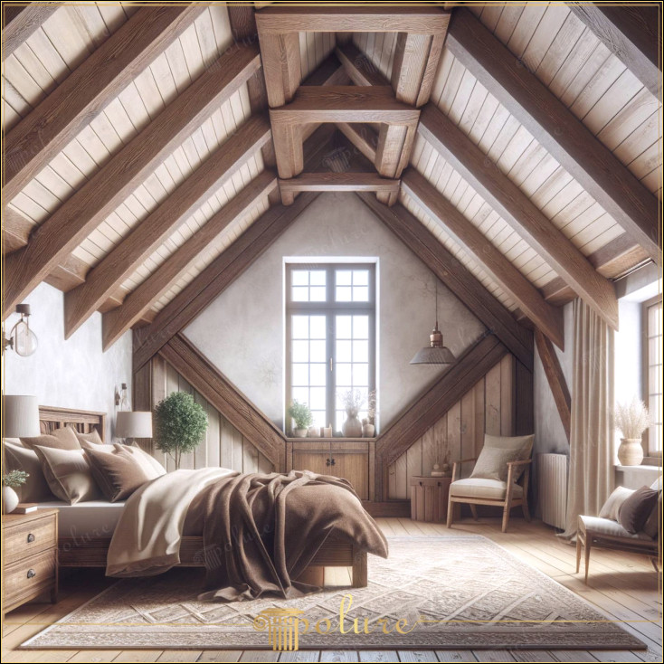 Rustic Loft Elegance Atingerea magică a lemnului și a poliuretanului Căldura și naturalețea designului rustic sunt reinterpretate în acest dormitor tip mansardă, cu utilizarea modernă a grinzilor din lemn și a poliuretanului Aspectul clasic din lemn cu tehnologie modernă Scândurile largi de lemn de pe podea sunt o textură naturală În timp ce înconjoară camera cu culorile sale calde, panourile din lemn așezate asimetric pe pereți și detaliile din poliuretan adaugă o eleganță sofisticată adăpostește prin evidențierea simplității funcționale și a esteticii Mobilierul folosit în acest design este realizat din lemn lucrat manual, fiecare piesă este realizată cu măiestrie, creând o viață rustică, reflectă stilul natural și autentic iar pernele decorative oferă confort și eleganță împreună.