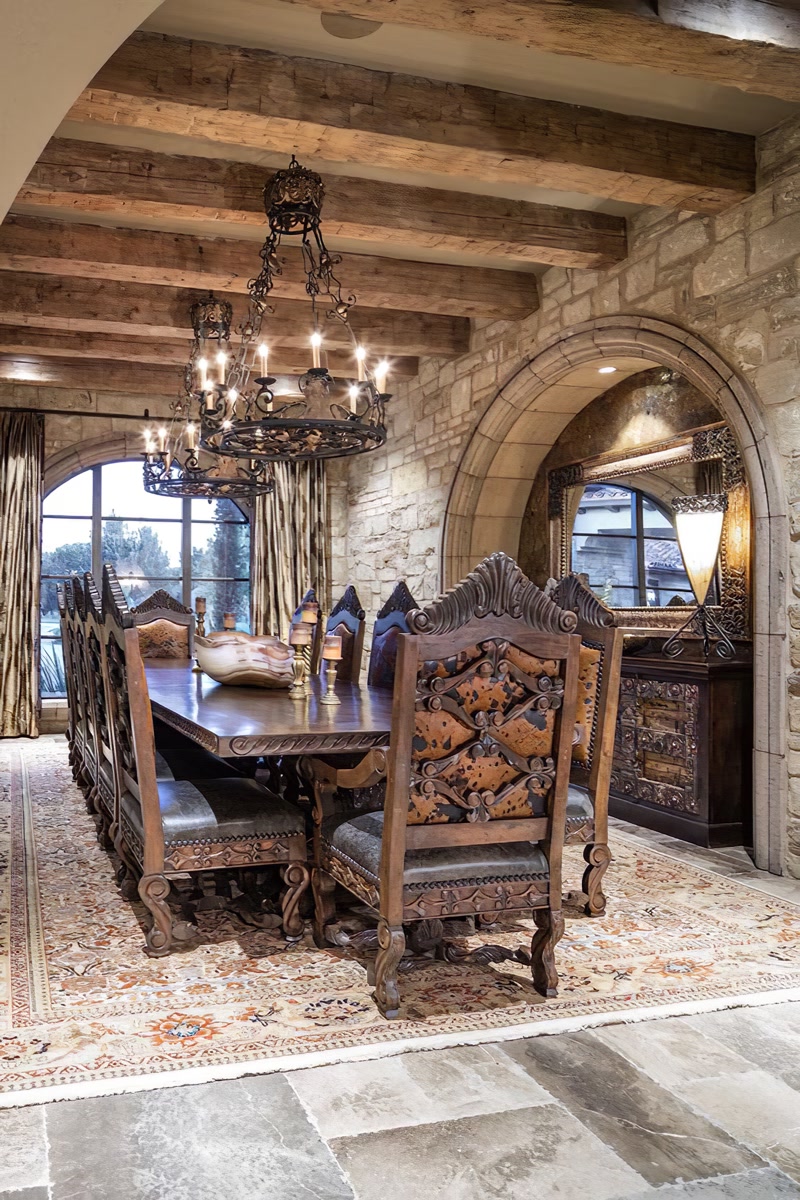 Exemple și idei de decorațiuni pentru sufragerie cu grinzi rustice Acum vă vom arăta un exemplu de decorare completă a casei din lemn. După cum puteți vedea în imagine, modelele de case incolore și nelustruite 