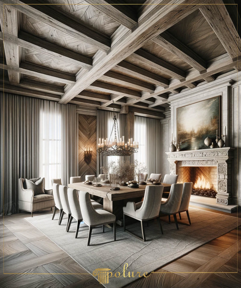Decorare living rustic modele busteni tavan din poliuretan În decorarea rustică a sufrageriei, modelele de bușteni de tavan din poliuretan oferă o modalitate perfectă de a adăuga căldură și eleganță