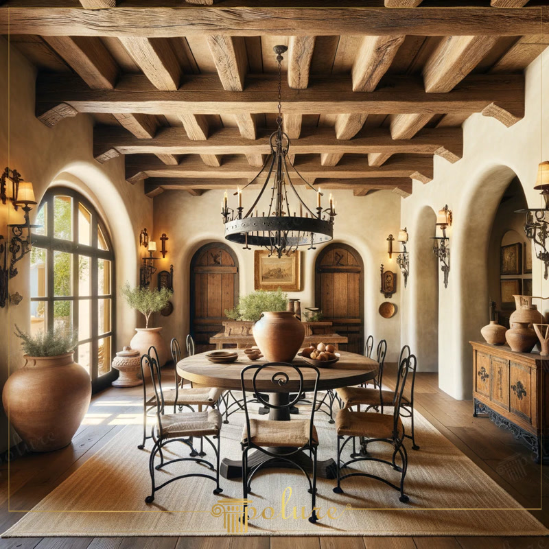 Decor rustic pentru sufragerie cu bușteni din poliuretan aspect lemn  Buștenii din poliuretan cu aspect de lemn oferă o modalitate perfectă de a adăuga căldură și naturalețe la decorarea sufrageriei dumneavoastr