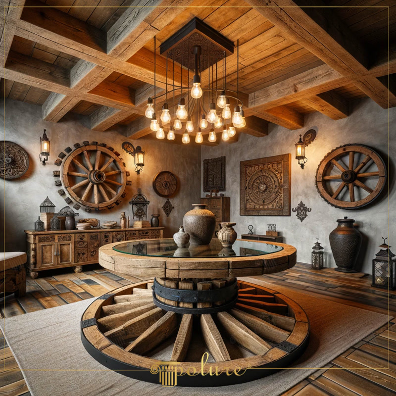 Decorat cu grinzi din poliuretan si roti carucioare dupa arta rustica Pentru cei care doresc să aducă căldura decorului rustic în spațiile de locuit moderne, grinzile din poliuretan și căpriorii din bușteni sunt 