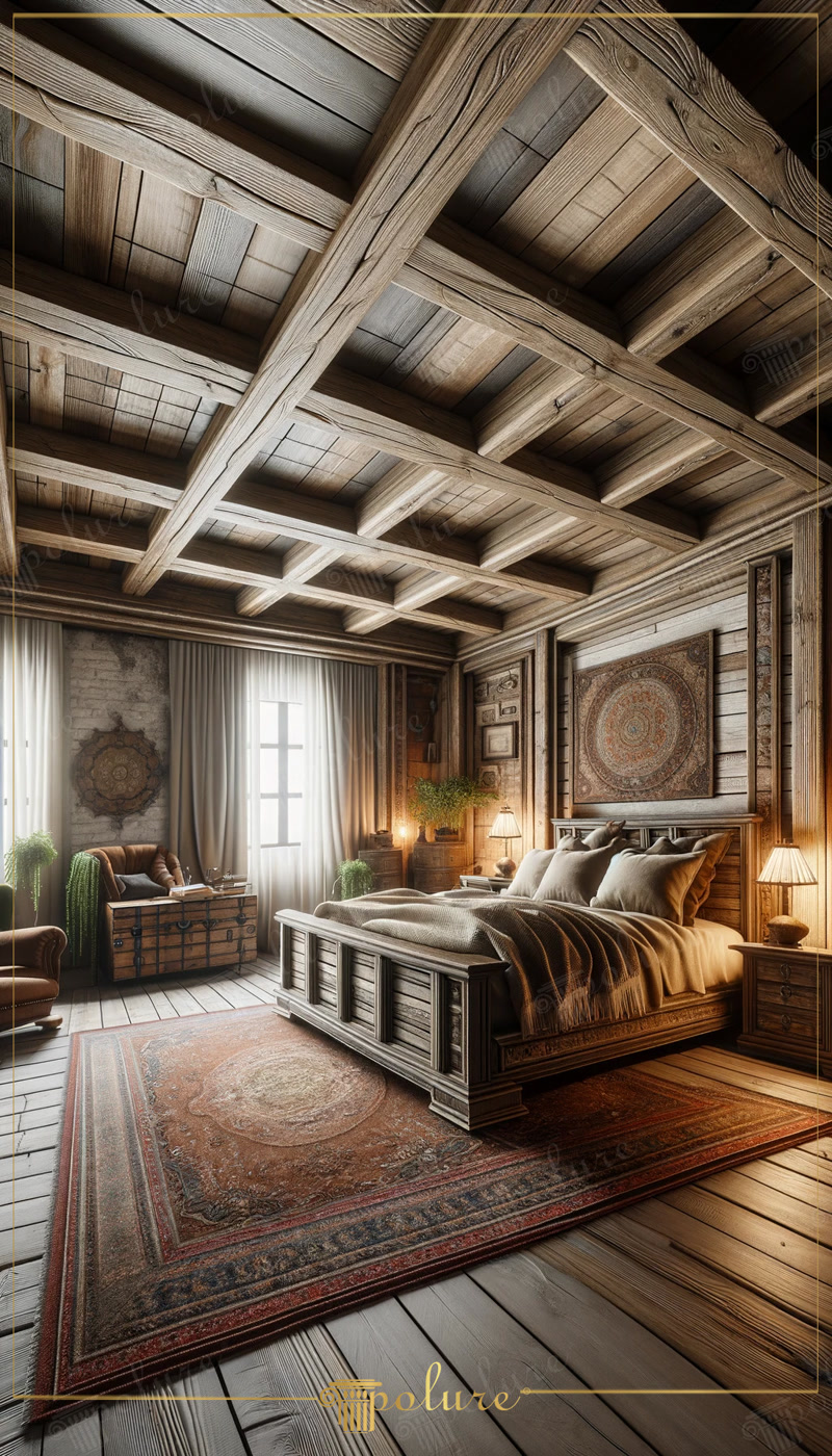 Decorare dormitor rustic Design grinzi din poliuretan și căpriori din bușteni Decorul rustic este o opțiune ideală pentru cei care caută naturalețe și căldură Decorațiile rustice pentru dormitor create cu grinzi din poli
