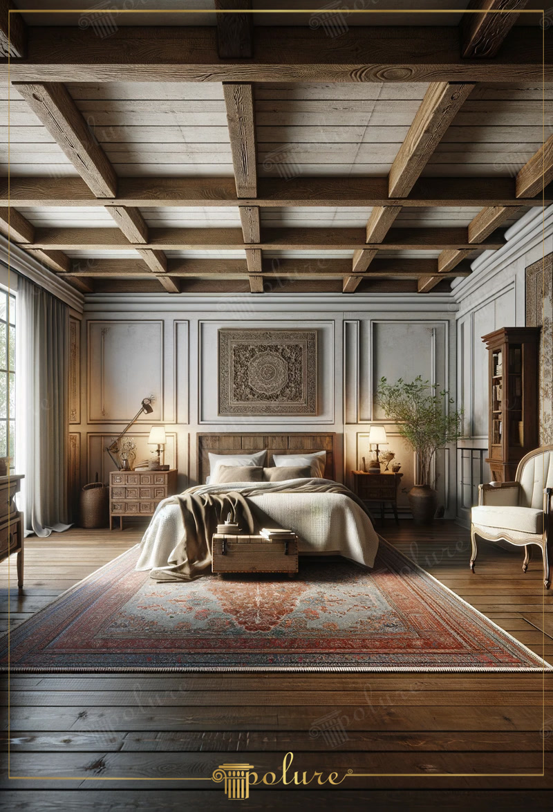 Decorație rustică pentru dormitor, îmbogățită cu grinzi din poliuretan de eleganță atemporală Combinând căldura și naturalețea stilului rustic cu tehnologia modernă poate transforma un dormitor ca cel din imagine. Acest design, pe care l-a