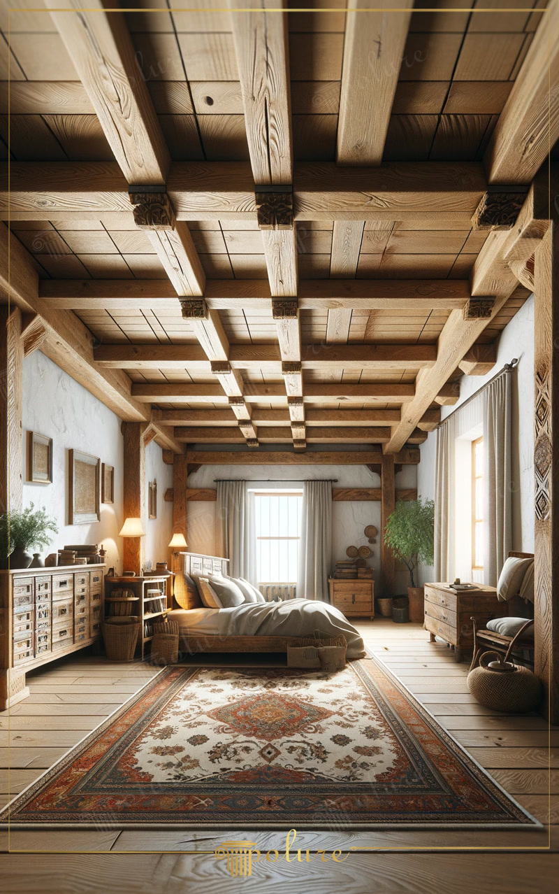 Decorare rustică pentru dormitor, cu o notă de meșteșugar, cu grinzi de poliuretan calde și confortabile Stilul rustic în decorarea dormitorului este considerat un simbol al naturaleței și al confortului Dormitorul din imagine arată cum reflectă cu s