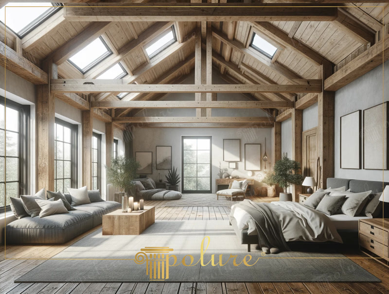 Decor de dormitor mare și rustic, proiectat cu grinzi de poliuretan luminoase și liniștite În timp ce naturalețea și liniștea stilului rustic se manifestă în spații mari, acesta capătă și o notă modernă prin folosirea grinzilor d