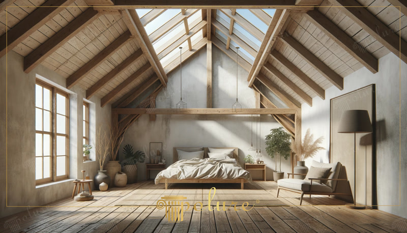 Dansul luminii naturale Dormitor rustic modern îmbogățit cu grinzi din poliuretan Dormitorul din imagine oferă un exemplu viu al modului în care utilizarea grinzilor din poliuretan, buștenii și căpriorii poate combina decorul r