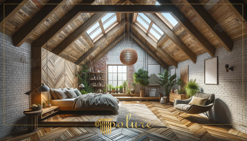 Decorare dormitor mansardă cu grinzi din poliuretan cu design rustic Dormitorul din imagine prezintă o combinație izbitoare de stil industrial cu un decor rustic, folosind bușteni și căpriori din grinzi de poliuret