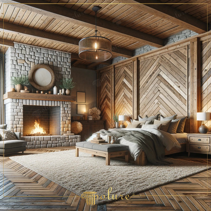 Confort modern cu căldură rustică Dormitor cu șemineu dotat cu grinzi din poliuretan Dormitorul din imagine oferă o interpretare modernă a decorului rustic, îmbogățit cu grinzi de poliuretan, bușteni și căpriori și completat c