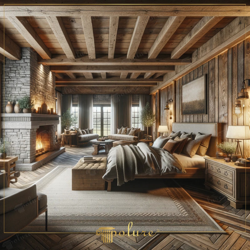 Combinând valoarea rustică cu designul modern de dormitor confortabil cu grinzi din poliuretan Dormitorul din imagine îmbină un concept de decor rustic în formă de grinzi, bușteni și căpriori din poliuretan, cu confort și design modern C