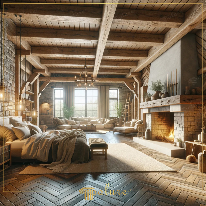 Confort modern într-un aer rustic, întâlniți eleganța grinzilor din poliuretan Dormitorul din imagine combină textura rustică a buștenilor și a căpriorilor din poliuretan cu confortul spațiilor de locuit contemporane. În a