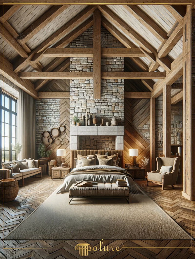 Decorare dormitor magnifica cu grinzi din poliuretan cu farmec rustic Dormitorul din imagine combină cu pricepere estetica rustică a modelelor de grinzi de poliuretan, bușteni și căpriori cu confortul designului mod
