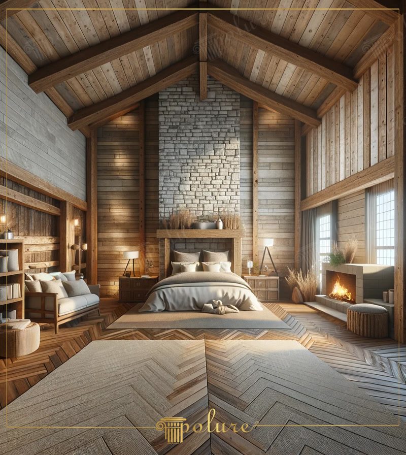 Locul în care căldura și naturalețea se întâlnesc cu grinda și detaliile din bușteni din poliuretan rustic Dormitorul din această imagine combină căldura și naturalețea designului rustic cu inovația modernă. Grinzile din poliuretan și detaliile din 