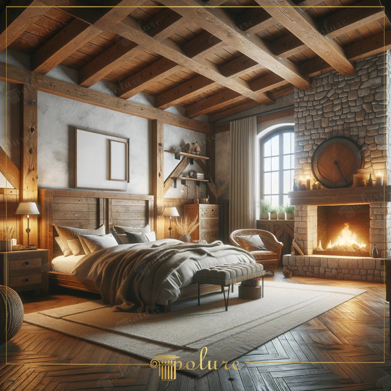 Dansul Lemnului și Focului Grinzi Poliuretan Eleganță Rustică Această cameră este plină de detalii de design care combină eleganța rustică și o atmosferă caldă. Camera este caracterizată de grinzi de po