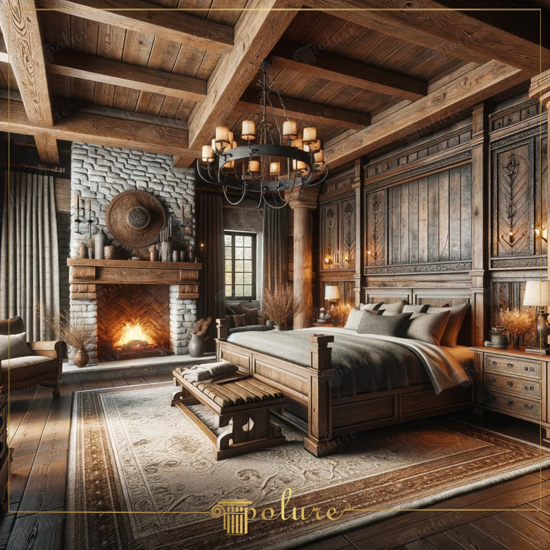 Arta de a cazare îmbogățită cu grinzi de poliuretan cu farmec rustic Dormitorul din imagine creează un mediu atrăgător, îmbinând căldura și naturalețea decorului rustic cu confortul contemporan Grinzile de poliu