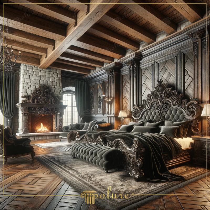 Dormitor rustic Magnifice atemporal decorat cu grinzi din lemn poliuretan Acest dormitor afișează măreția atemporală a stilului rustic clasic, cu căldura grinzilor din lemn de poliuretan și tușele elegante ale produs
