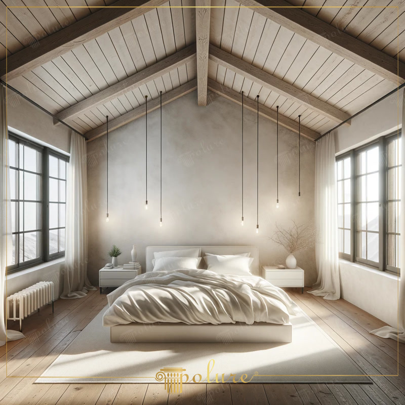 Un dormitor luminos și liniștit, cu grinzi de lemn din poliuretan rustic minimalist Acest dormitor reflectă frumusețea simplă și funcționalitatea stilului rustic minimalist în perfectă armonie cu grinzile din lemn din poliureta