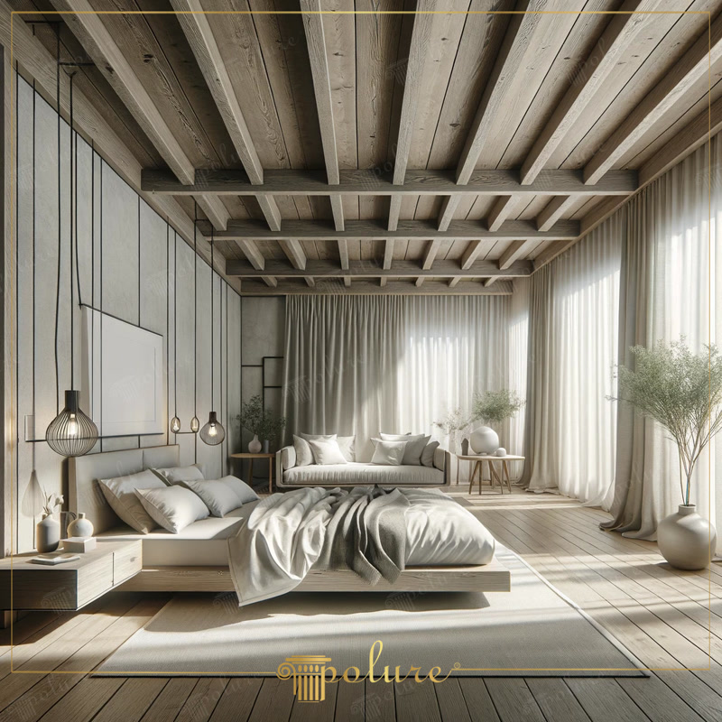 Dansul luminii naturale cu design de dormitor rustic modern din lemn Acest dormitor pictează un portret liniștit al designului rustic modern, folosind durabilitatea grinzilor din lemn natural și a poliuretanului. Fie