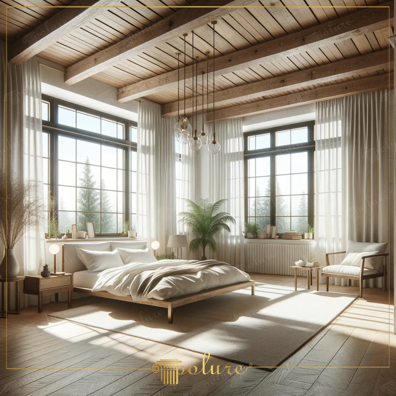 Sinteza Luminii si linistii Dormitor rustic cu grinzi din lemn poliuretan Acest dormitor aduce liniștea naturii în interior cu lumina soarelui care se filtrează prin ferestrele mari și căldura grinzilor din lemn din pol