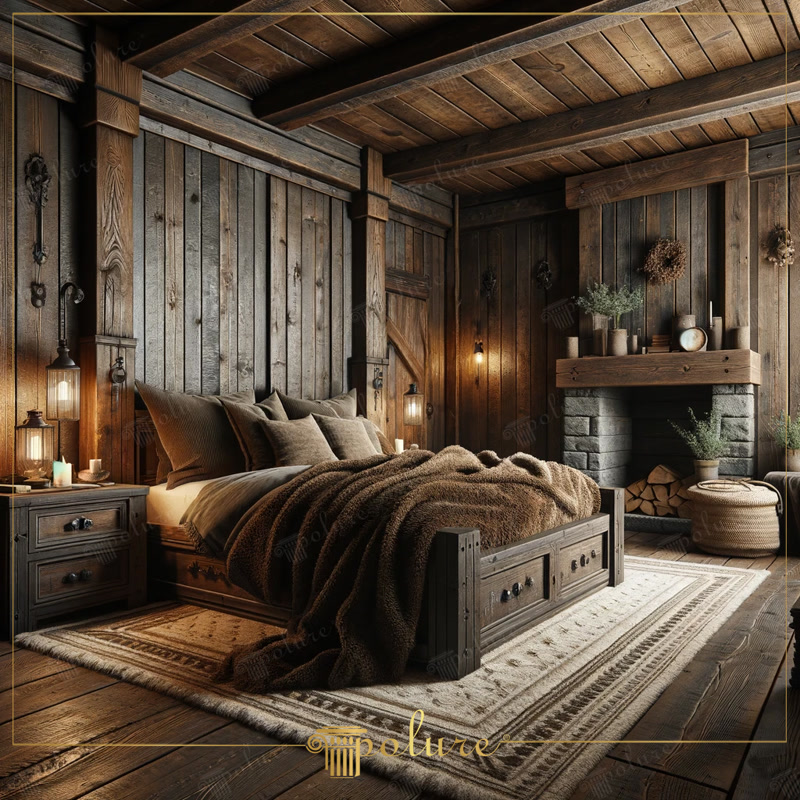 Design rustic de dormitor cu grinzi din poliuretan, unde căldura se întâlnește cu lemnul În acest dormitor, farmecul rustic al grinzilor din poliuretan este folosit pentru a crea o atmosferă bogată și caldă Lămpile cu suspendare de p