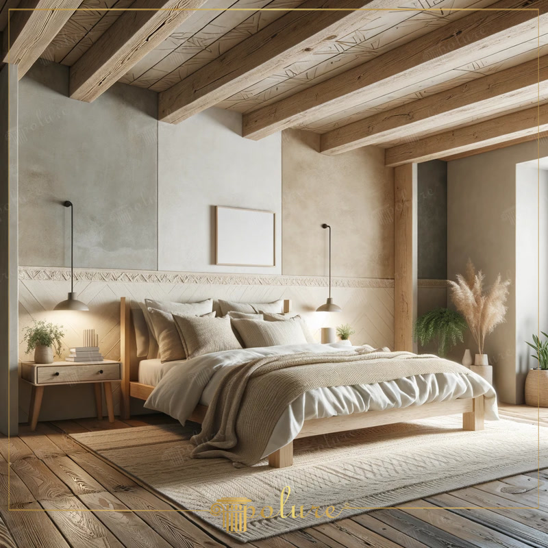 Dormitor cu grinzi din lemn de poliuretan Pace cu atingeri naturale Acest dormitor combină frumusețea naturală și aspectul rustic al grinzilor din lemn din poliuretan cu estetica simplă a designului modern, pereț