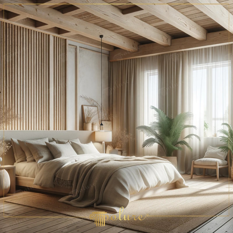 Lejeritatea grinzilor de lemn pentru un dormitor luminos și rustic Acest dormitor oferă o interpretare modernă și luminoasă a designului rustic, folosind grinzi din lemn de culoare deschisă și texturi naturale G
