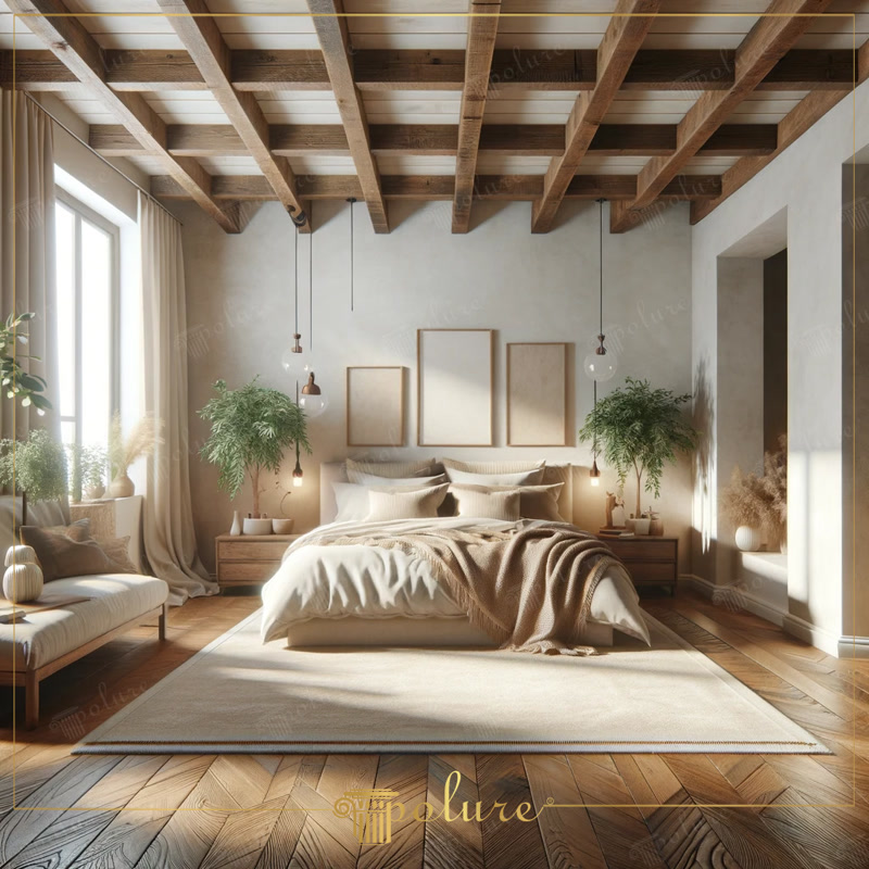 Estetica grinzilor din lemn din poliuretan cu design rustic care aduc căldura naturii în interior Dormitorul din imagine reflectă armonia perfectă a esteticii moderne și rustice. În acest loc în care lumina naturală moale dansează pe suprafe