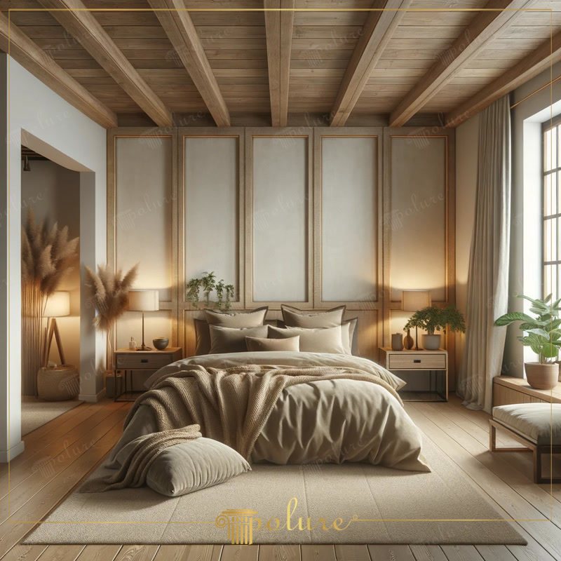 Decoratiune de dormitor moderna, eleganta rustica, realizata cu grinzi din lemn poliuretan Dormitorul nostru ar trebui să fie un adăpost personal în care să putem scăpa de stresul vieții cotidiene și să găsim liniște și confort Do