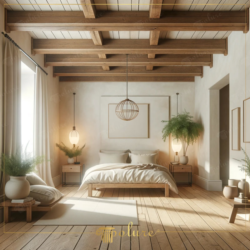Decoratiuni rustice moderne de dormitor cu grinzi din lemn poliuretan Dormitorul din această imagine combină căldura grinzilor din poliuretan și eleganța produselor decorative din lemn cu o estetică rustică modern