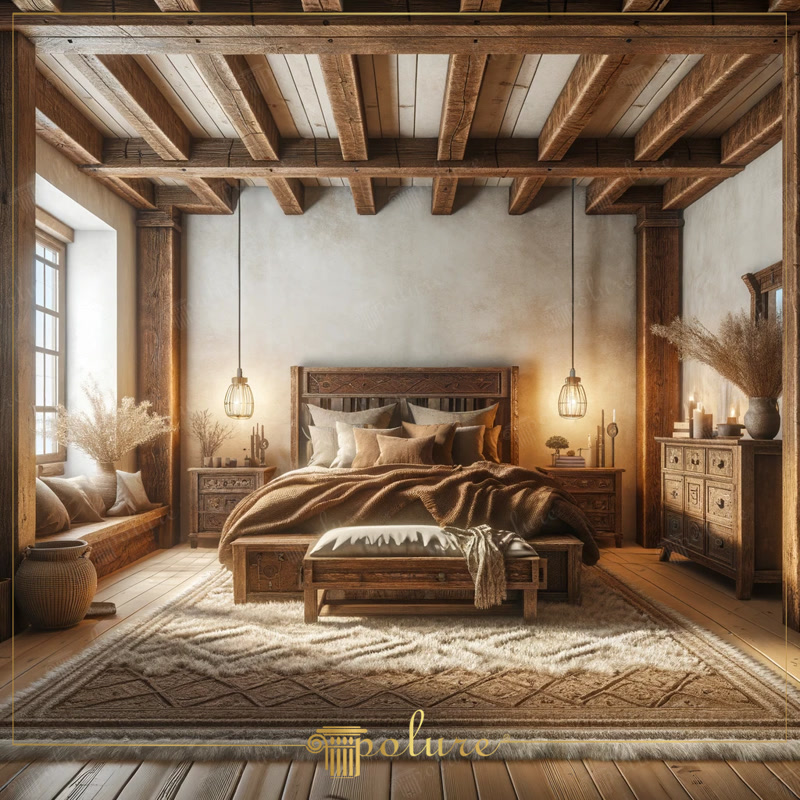 Idei de amenajari rustice pentru dormitor imbogatite cu grinzi din lemn poliuretan Atmosfera caldă și primitoare a dormitorului din imagine combină naturalețea designului rustic cu ușurința materialelor moderne conferă dormito