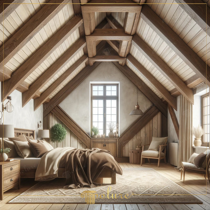 Rustic Loft Elegance Atingerea magică a lemnului și a poliuretanului Căldura și naturalețea designului rustic sunt reinterpretate în acest dormitor tip mansardă, cu utilizarea modernă a grinzilor din lemn și a po