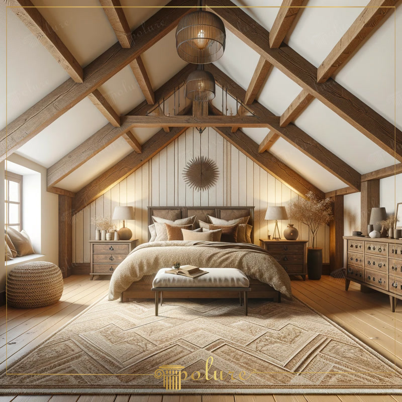 Rama din lemn eleganta design modern rustic pentru dormitor Căldura designului rustic capătă o nouă dimensiune, cu grinzi din lemn bogat texturate și detalii din poliuretan, în acest concept modern de dor