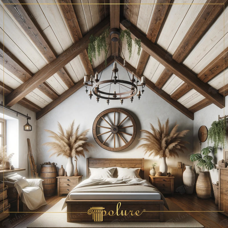 Dormitoare redefinite cu grinzi din lemn poliuretan cu farmec rustic modern Informații detaliate pot fi date despre elementele de design ale acestui dormitor rustic, utilizarea grinzilor din lemn poliuretan și adaptarea deco