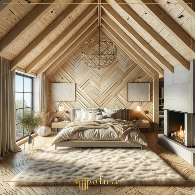 Atinge caldă de lemn în interioare rustice moderne Design luminos de dormitor cu grinzi și căpriori din poliuretan Decorul rustic este o abordare de design care aduce căldura și confortul naturii în interioarele moderne Grinzile și căpriorii din poliuretan se 