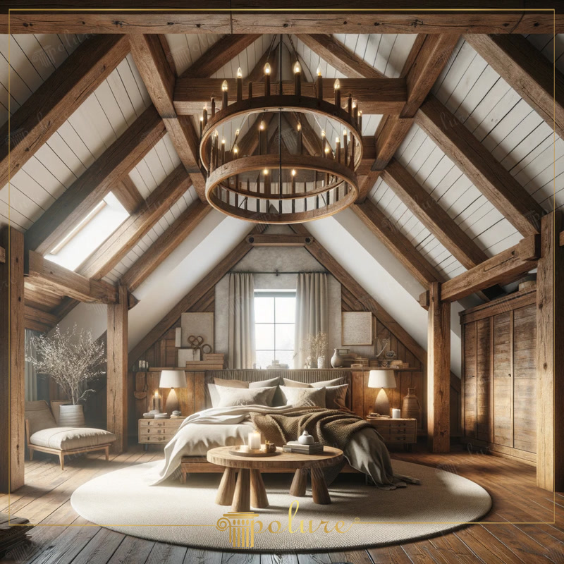 Dormitor rustic magnific cu grinzi din poliuretan cu design modern la căldura lemnului Decorul rustic este arta de a crea spatii linistite si primitoare prin aducerea caldura si estetica materialelor naturale in spatiile de locuit modern