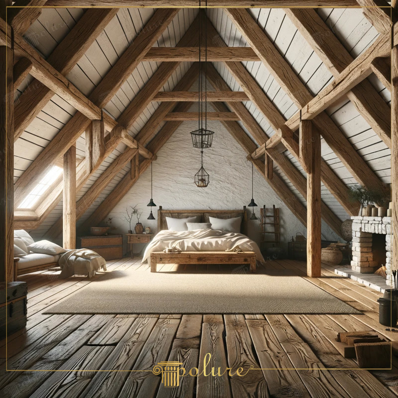 Dormitor rustic modernizat cu poliuretan in nuanta eleganta a grinzilor din lemn Decorul rustic adaugă o atmosferă prietenoasă spațiilor de locuit, subliniind căldura și frumusețea estetică a materialelor naturale caracteri