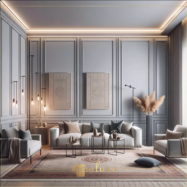 Reflecția modernă a peretelui și tavanului în camera de zi Geometric Elegance Camerele de zi, în care ne petrecem cea mai mare parte a timpului, spun o poveste dincolo de eleganță și confort. Livingul din imagine este un exemplu unic al modului în care șipcile de perete și tavan pot da un aspect minimalist și modern, nuanțe de gri deschis și modele geometrice care subliniază lățimea și înălțimea spațiului, creând o atmosferă elegantă. Eleganța simplă a mulajelor de perete și tavan. Molurile de perete și tavan care înconjoară camera de zi subliniază elegant detaliile arhitecturale ale spațiului și oferă un echilibru vizual în armonie cu operele de artă moderne. Liniile subțiri și designul sofisticat al mulurilor asigură că camera are o estetică curată și ordonată, întărind în același timp tema decorului generală. Dansul armonios al culorilor și al texturilor. Atmosfera Culorile deschise ale peretelui si tavanului maximizeaza lumina naturala a incaperii, in timp ce parchetul din lemn de pe podea si mobilierul elegant sporesc caldura si confortul spatiului reflectă o abordare minimalistă care susține un stil simplu și elegant. Plafonele suspendate și lămpile de podea stilate luminează fiecare colț al spațiului cu lumină moale, făcând camera caldă și primitoare. Obiectele și plantele decorative adaugă o notă personală spațiului de locuit frumusețea simplă a camerei Concluzie Perete și tavan Molaj Living Modern Îmbogățit cu Livingul ilustrat arată perfect cât de simplu decor poate fi făcut elegant și contemporan cu utilizarea de muluri de perete și tavan Vă puteți inspira din aceste elemente propriul living și folosește muluri de perete și tavan pentru a adăuga eleganță modernă spațiului tău.