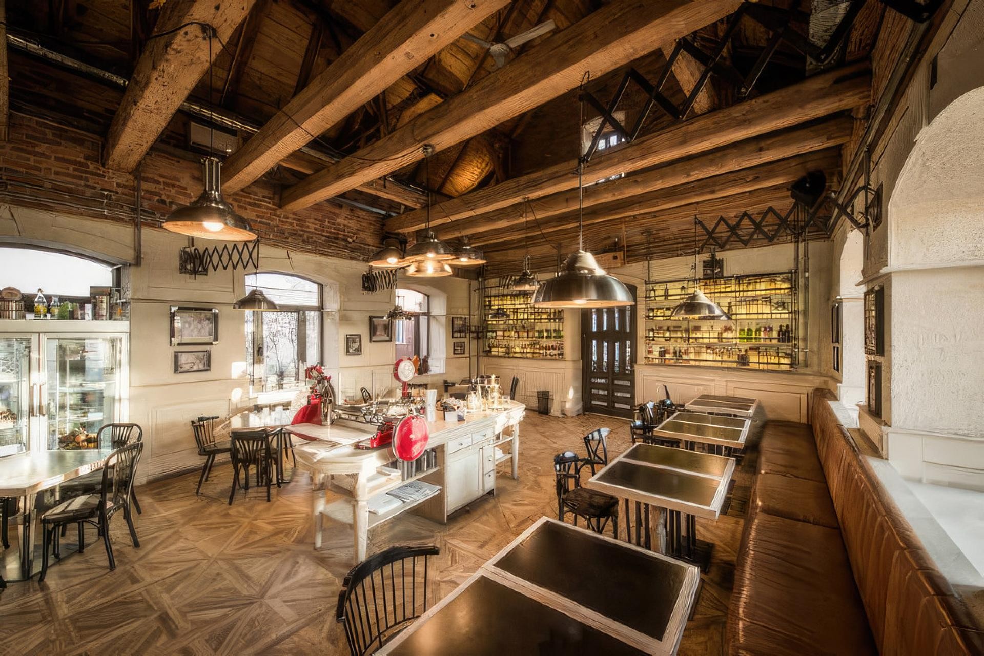 Tavan înalt decorat cu grinzi din poliuretan P1981D și P1981G în stil rustic pentru un spațiu comercial primitor.