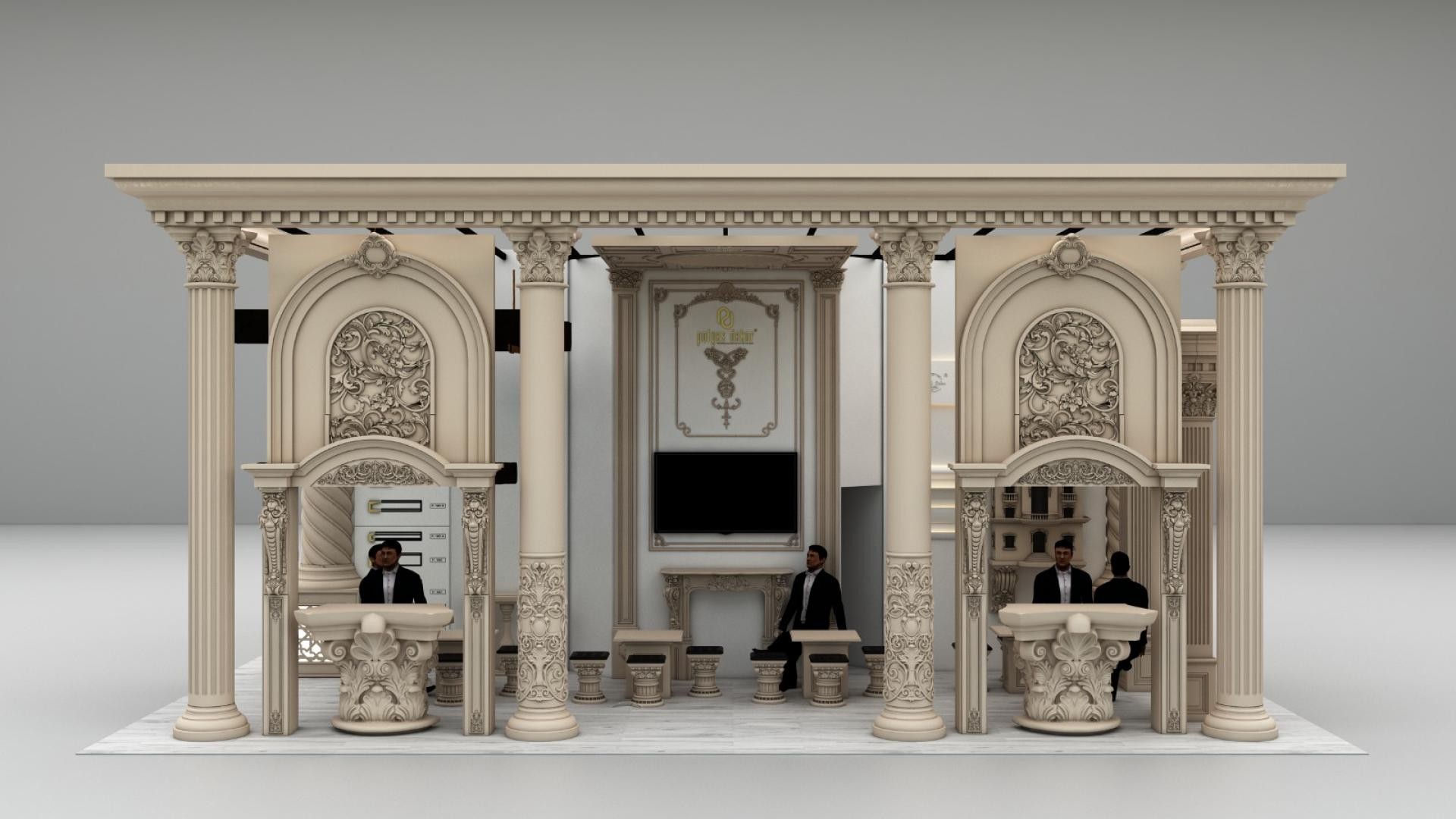 Stand expozițional clasic decorat cu coloane din poliuretan, ancadramente decorative și arcade sculptate în tonuri crem.