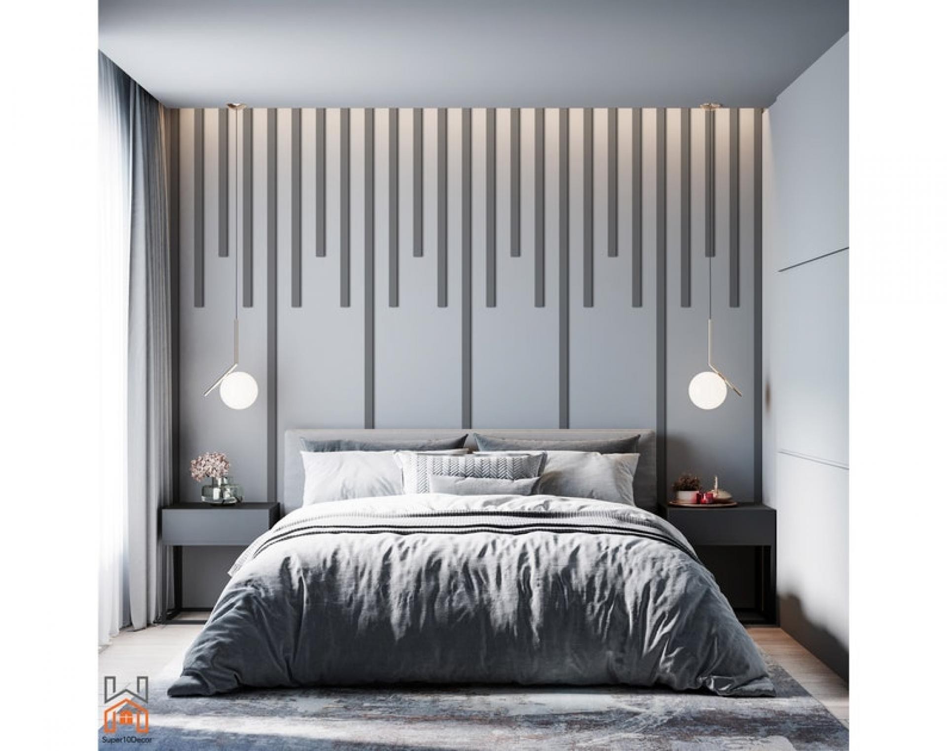 Perete de fundal în dormitor modern decorat cu baghete din poliuretan P851350 dispuse în ritm vertical asimetric.