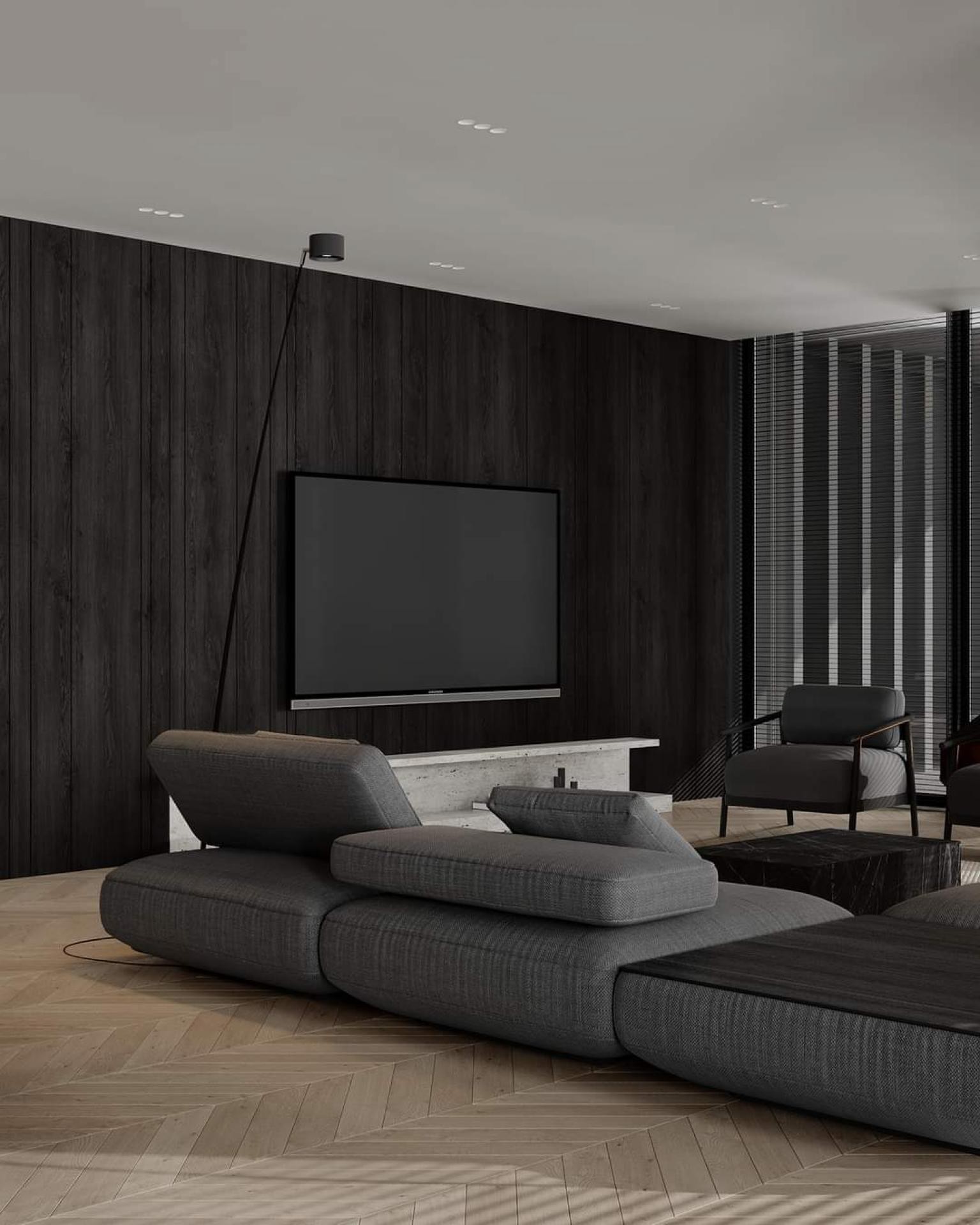 Perete accent placat cu profile din poliuretan P1940 textură lemn închis într-un living modern cu parchet chevron