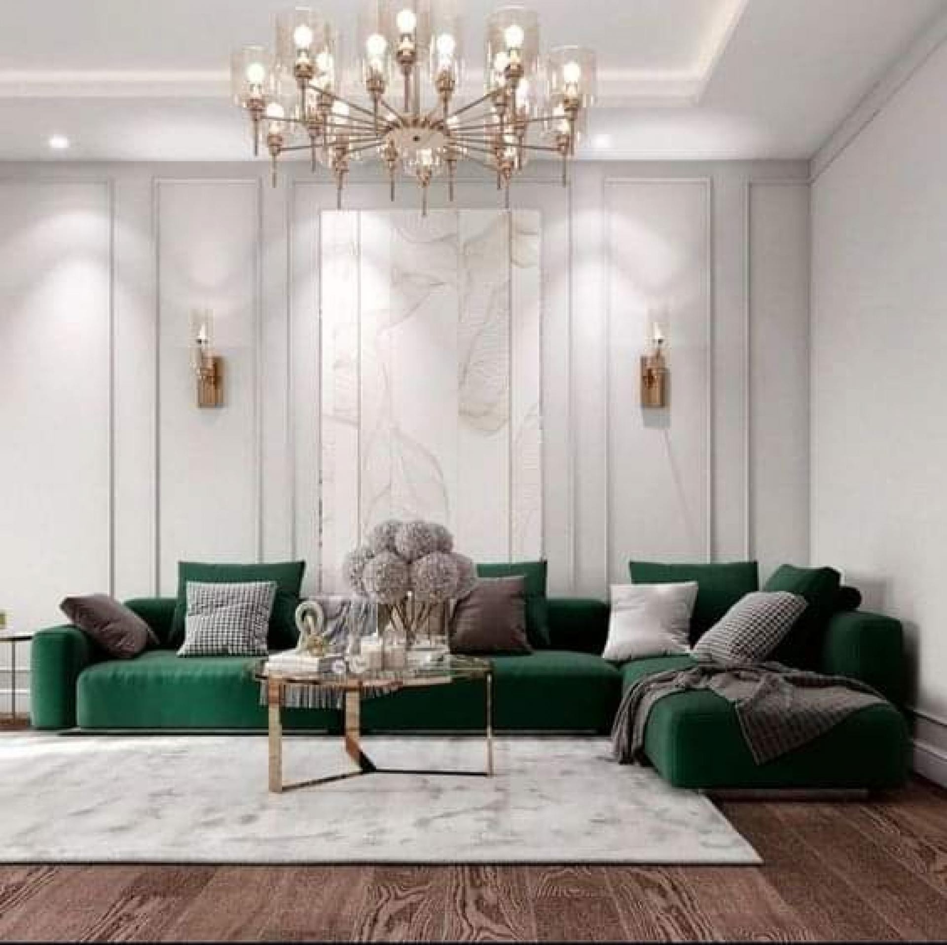 Ancadramente decorative din poliuretan P85008 pe perete gri în living modern cu canapea verde smarald