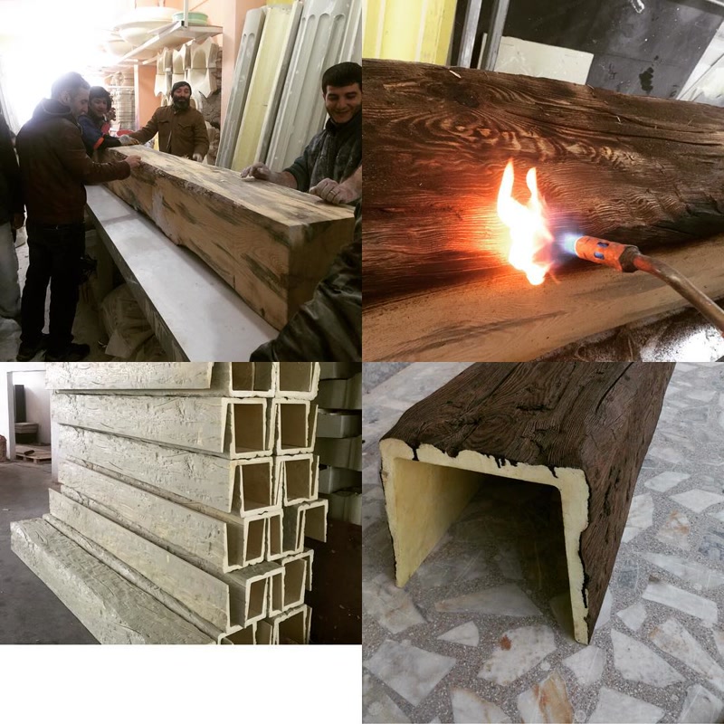 Proces de fabricație și secțiune în U pentru grindă decorativă din poliuretan P1981D cu textură rustică de lemn.