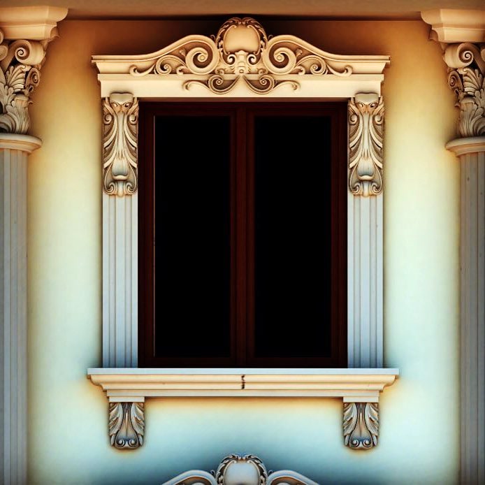 Ancadrament fereastră din poliuretan cu fronton sculptat P2839 și console decorative pe fațadă de vilă