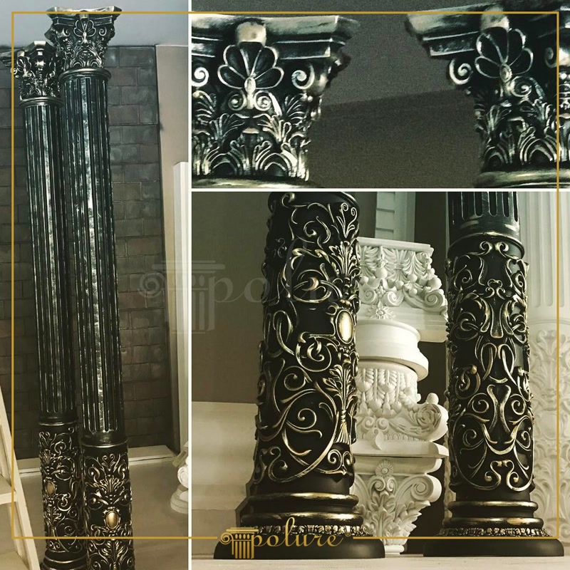 Coloane decorative din poliuretan cu finisaj negru și patina aurie, stil neoclasic reinterpretat.