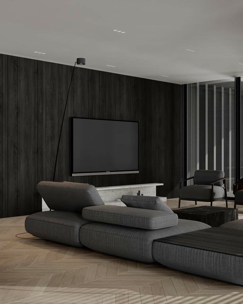 Perete accent placat cu profile din poliuretan P1940 textură lemn închis într-un living modern cu parchet chevron