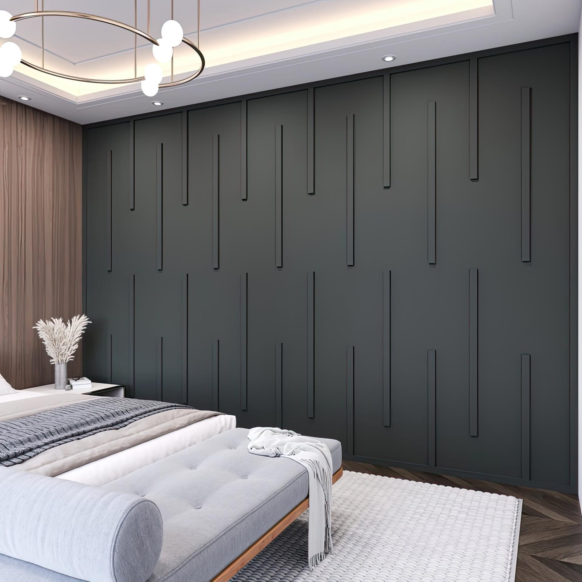 Perete accent antracit în dormitor modern decorat cu profil din poliuretan P851350 montat în linii verticale asimetrice.